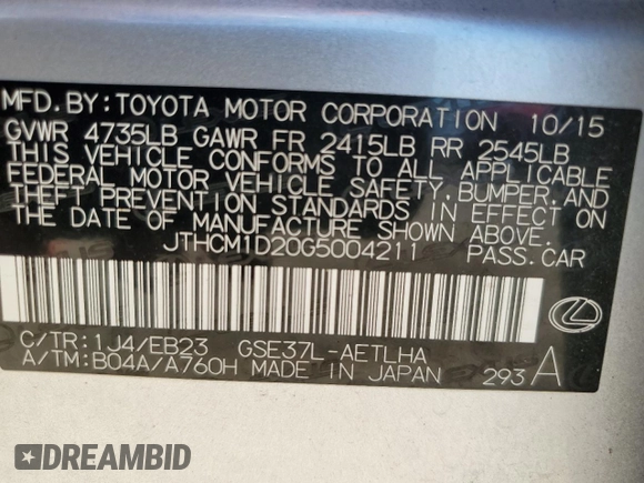 2016 Lexus IS 300/350 with VIN JTHCM1D20G5004211, listed as a Copart auction lot 64591185 with 51,202 mi miles and Salvage title. Bid and sale history available at DreamBid. Image 13.