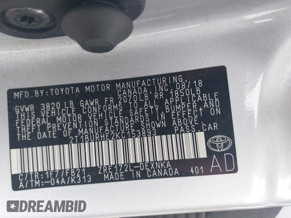 2019 Toyota Corolla L with VIN 2T1BURHE2KC153893, listed as a IAAI auction lot 41959128 with 78,741 mi miles. Bid and sale history available at carsss.com. Image 9.