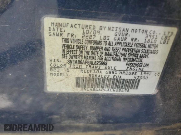 2010 Nissan Sentra 2.0 z VIN 3N1AB6AP6AL625698, wystawiony jako Copart lot #55095895 z przebiegiem 105 089 mil mil oraz Szkoda całkowita • Salvage title. Historia ofert i sprzedaży dostępna na DreamBid. Obrazek 12.
