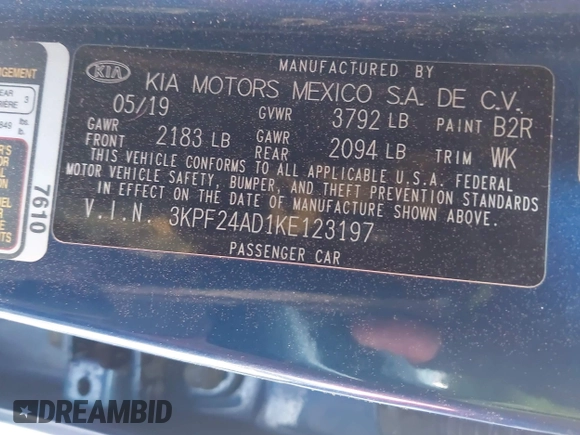 2019 Kia Forte LXS with VIN 3KPF24AD1KE123197, listed as a IAAI auction lot 41899077 with 78,004 mi miles and . Bid and sale history available at carsss.com. Image 9.