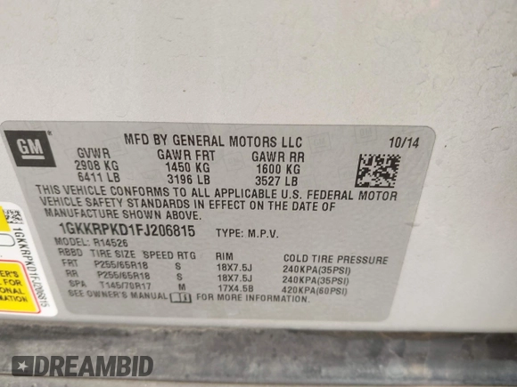 2015 GMC Acadia SLE with VIN 1GKKRPKD1FJ206815, listed as a IAAI auction lot 41886983 with 242,464 mi miles. Bid and sale history available at carsss.com. Image 9.