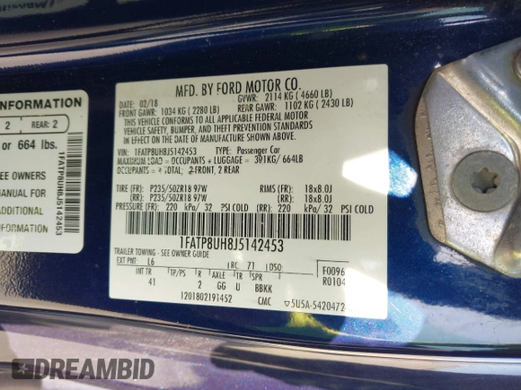 2018 Ford Mustang EcoBoost Premium with VIN 1FATP8UH8J5142453, listed as a IAAI auction lot 42042012 with 127,677 mi miles and . Bid and sale history available at carsss.com. Image 9.
