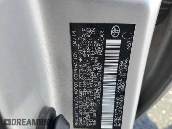 2014 Toyota Prius Four with VIN JTDKN3DUXE0371487, listed as a Copart auction lot 53152225 with 229,390 mi miles and Salvage Title. Bid and sale history available at DreamBid. Image 12.