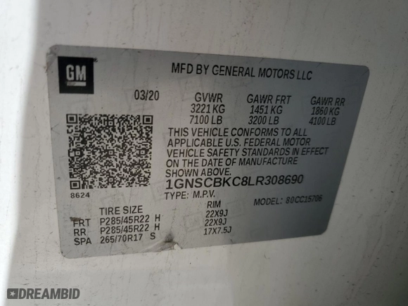 2020 Chevrolet Tahoe LT with VIN 1GNSCBKC8LR308690, listed as a Copart auction lot 49348265 with 128,203 mi miles and Salvage Title. Bid and sale history available at carsss.com. Image 12.