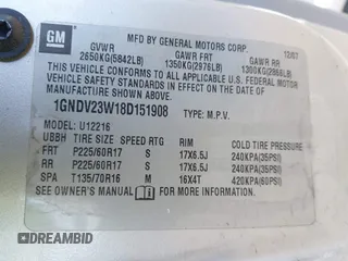 2008 Chevrolet Uplander LS with VIN 1GNDV23W18D151908, listed as a IAAI auction lot 42049564 with 77,413 mi miles and . Bid and sale history available at DreamBid. Image 9.