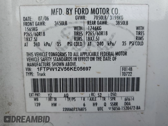 2006 Ford F-150 XLT with VIN 1FTPW12V56KE05697, listed as a Copart auction lot 49475675 with 234,434 mi miles and Salvage Title. Bid and sale history available at carsss.com. Image 12.