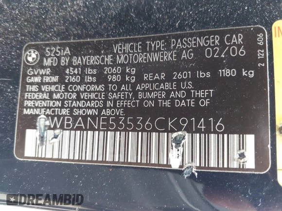 2006 BMW 5 Series 525i with VIN WBANE53536CK91416, listed as a IAAI auction lot 42076035 with 221,239 mi miles and . Bid and sale history available at DreamBid. Image 9.