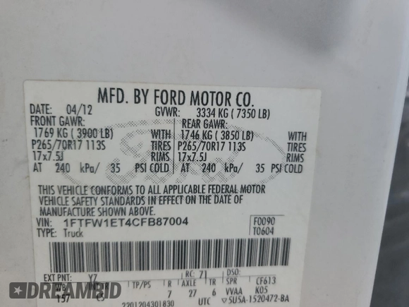 2012 Ford F-150 XL с VIN 1FTFW1ET4CFB87004, выставлен на аукционе Copart как лот 58821425 с пробегом Не указан миль и Чистый • Clean title. История ставок и продаж доступна на DreamBid. Изображение 13.
