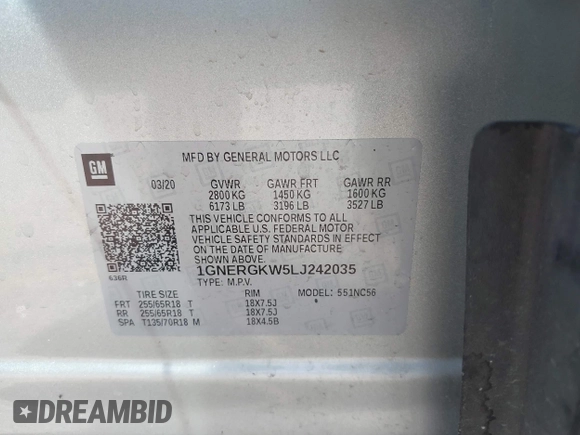 2020 Chevrolet Traverse LT Cloth с VIN 1GNERGKW5LJ242035, выставлен на аукционе IAAI как лот 42150543 с пробегом 101 705 миль миль и . История ставок и продаж доступна на DreamBid. Изображение 9.