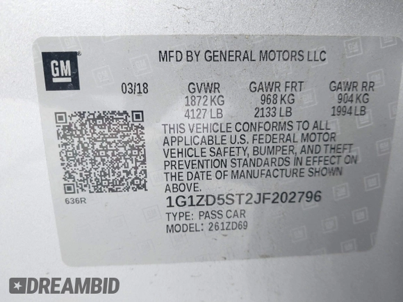 2018 Chevrolet Malibu LT with VIN 1G1ZD5ST2JF202796, listed as a IAAI auction lot 41573464 with 122,813 mi miles. Bid and sale history available at carsss.com. Image 9.