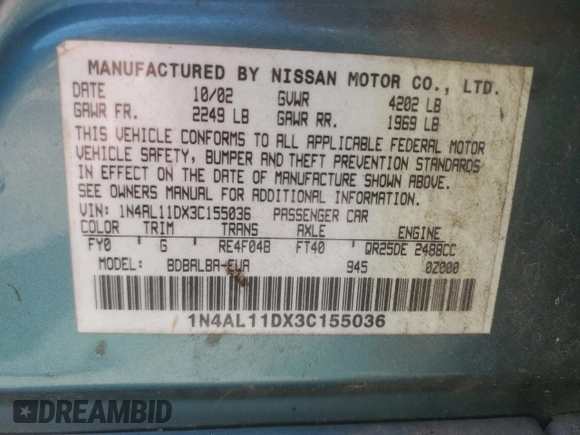 2003 Nissan Altima S with VIN 1N4AL11DX3C155036, listed as a Copart auction lot 52588295 with 137,980 mi miles and Salvage Title. Bid and sale history available at carsss.com. Image 12.