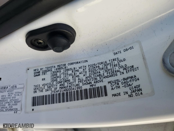 2002 Toyota Highlander with VIN JTEHF21A820041995, listed as a Copart auction lot 46815385 with 248,320 mi miles and Salvage Title. Bid and sale history available at carsss.com. Image 13.