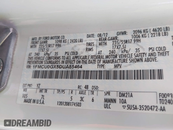 2013 Ford Escape SE with VIN 1FMCU0GX5DUA85464, listed as a IAAI auction lot 42452112 with 158,081 mi miles and . Bid and sale history available at DreamBid. Image 9.