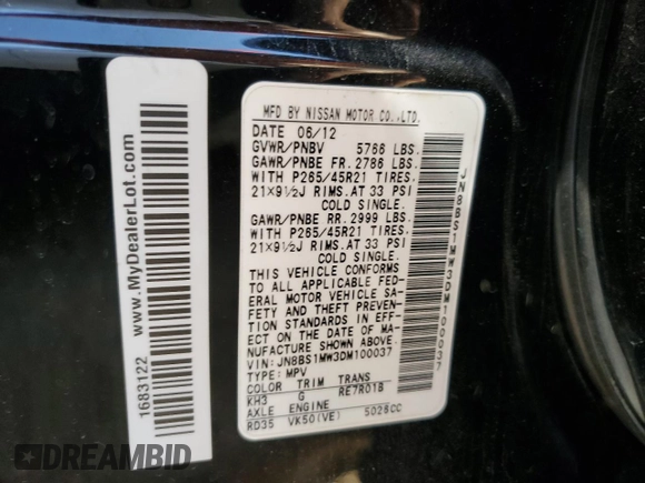 2013 Infiniti FX with VIN JN8BS1MW3DM100037, listed as a Copart auction lot 73140054 with 132,071 mi miles and Salvage Title. Bid and sale history available at DreamBid. Image 14.