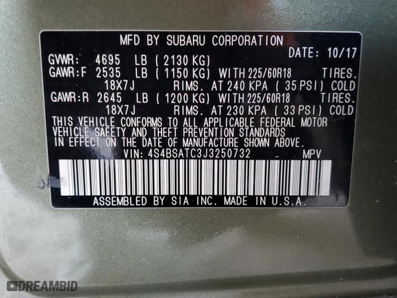 2018 Subaru Outback Touring with VIN 4S4BSATC3J3250732, listed as a Copart auction lot 49681135 with 104,186 mi miles and Salvage Title. Bid and sale history available at carsss.com. Image 13.