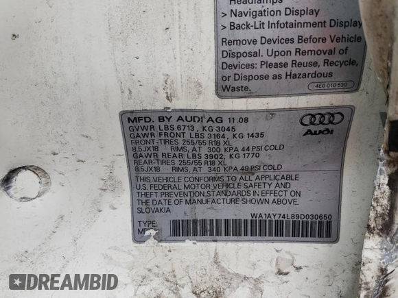 2009 Audi Q7 with VIN WA1AY74L89D030650, listed as a Copart auction lot 44715015 with 175,533 mi miles and Salvage Title. Bid and sale history available at carsss.com. Image 15.