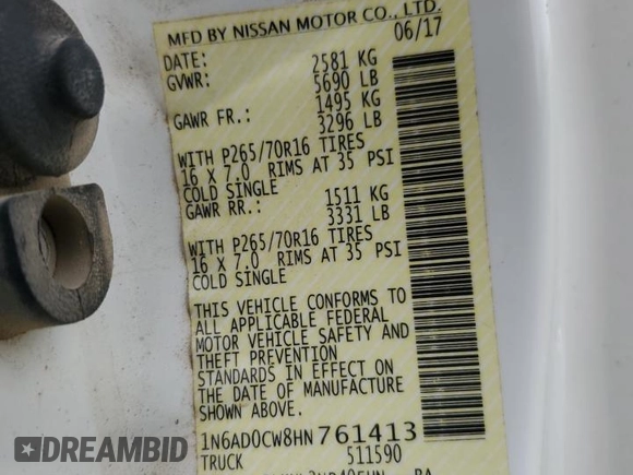 2017 Nissan Frontier SV with VIN 1N6AD0CW8HN761413, listed as a Copart auction lot 54519845 with Not provided miles and Salvage title. Bid and sale history available at DreamBid. Image 12.