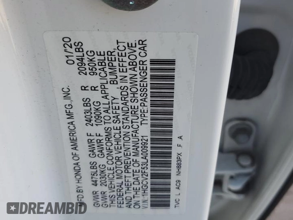 2020 Honda Accord EX-L with VIN 1HGCV2F53LA009921, listed as a Copart auction lot 62404045 with 48,763 mi miles and Salvage title. Bid and sale history available at DreamBid. Image 12.
