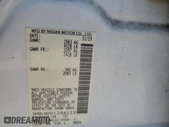 2020 Nissan Altima S z VIN 1N4BL4BV4LC194153, wystawiony jako Copart lot #53511125 z przebiegiem 143 207 mil mil oraz Szkoda całkowita • Salvage title. Historia ofert i sprzedaży dostępna na DreamBid. Obrazek 12.