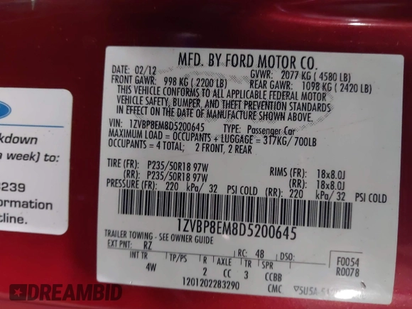 2013 Ford Mustang V6 с VIN 1ZVBP8EM8D5200645, выставлен на аукционе IAAI как лот 41035547 с пробегом 156 702 миль миль и . История ставок и продаж доступна на DreamBid. Изображение 9.