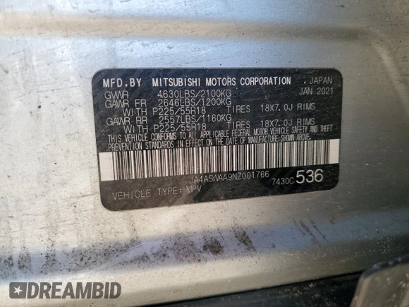 2022 Mitsubishi Eclipse Cross SE with VIN JA4ASWAA9NZ001766, listed as a Copart auction lot 41745525 with 74,377 mi miles and Salvage title. Bid and sale history available at DreamBid. Image 13.