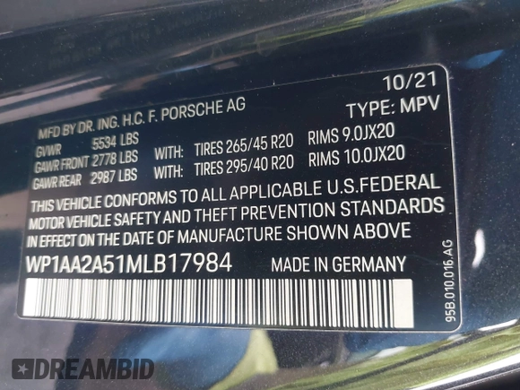 2021 Porsche Macan with VIN WP1AA2A51MLB17984, listed as a IAAI auction lot 40779673 with 55,627 mi miles and . Bid and sale history available at DreamBid. Image 9.