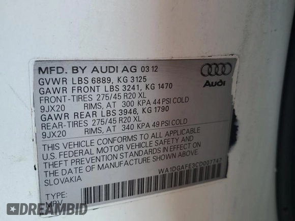 2012 Audi Q7 S line с VIN WA1DGAFE3CD007747, выставлен на аукционе Copart как лот 61543995 с пробегом 182 957 миль миль и Списание • Salvage title. История ставок и продаж доступна на DreamBid. Изображение 13.
