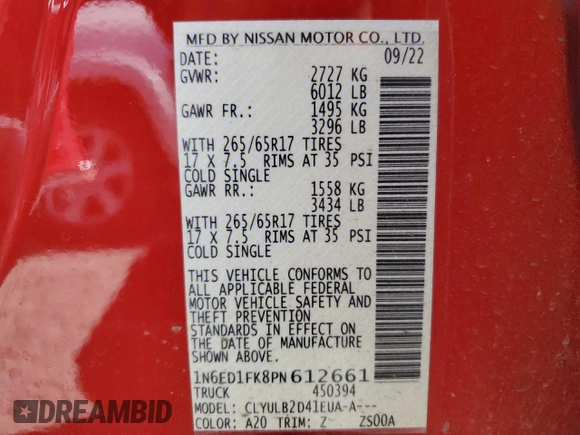 2023 Nissan Frontier SV with VIN 1N6ED1FK8PN612661, listed as a Copart auction lot 69260674 with 23,478 mi miles and Salvage Title. Bid and sale history available at carsss.com. Image 12.
