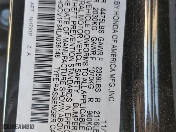 2020 Honda Accord Sedan Sport with VIN 1HGCV1F34LA036148, listed as a Copart auction lot 45918005 with 0 mi miles and Salvage Title. Bid and sale history available at carsss.com. Image 12.