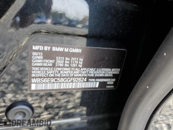 2016 BMW M6 with VIN WBS6E9C58GGF92624, listed as a Copart auction lot 53804955 with Not provided miles and Salvage title. Bid and sale history available at DreamBid. Image 12.