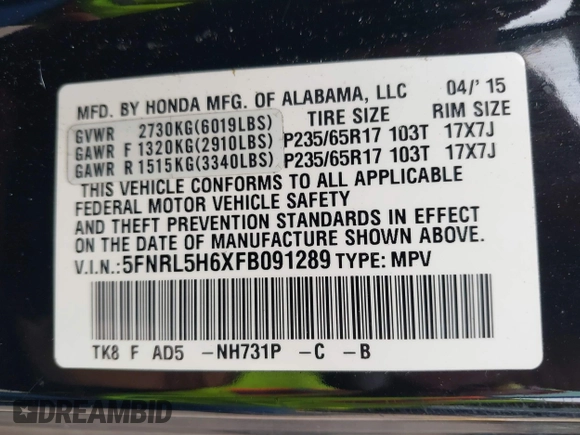 2015 Honda Odyssey EX-L with VIN 5FNRL5H6XFB091289, listed as a IAAI auction lot 41904542 with 152,182 mi miles and . Bid and sale history available at DreamBid. Image 9.