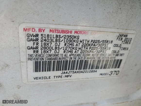 2010 Mitsubishi Outlander GT with VIN JA4JT5AX0AZ010894, listed as a Copart auction lot 42374545 with 165,036 mi miles and Salvage Title. Bid and sale history available at carsss.com. Image 12.