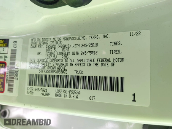 2023 Toyota Tundra SR with VIN 5TFKB5DB0PX065072, listed as a IAAI auction lot 42226348 with 53,539 mi miles and . Bid and sale history available at DreamBid. Image 9.