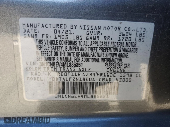 2021 Nissan Versa SV with VIN 3N1CN8EV4ML885851, listed as a Copart auction lot 47114375 with 69,246 mi miles and Non repairable. Bid and sale history available at DreamBid. Image 12.