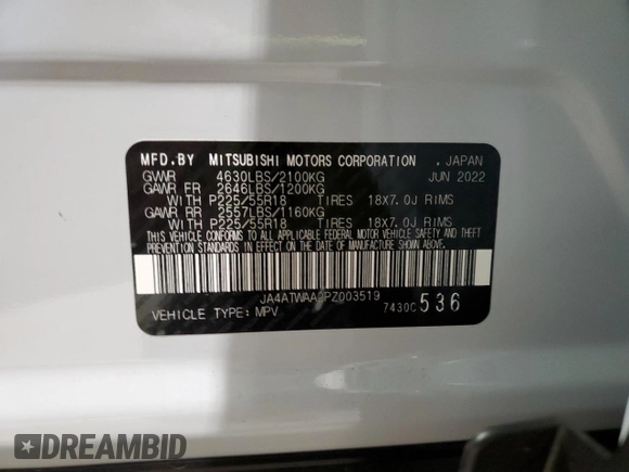 2023 Mitsubishi Eclipse Cross SE z VIN JA4ATWAA2PZ003519, wystawiony jako Copart lot #58262103 z przebiegiem 60 mil mil oraz Nie do naprawy • Non repairable. Historia ofert i sprzedaży dostępna na DreamBid. Obrazek 12.