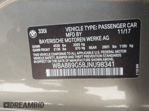 2018 BMW 3 Series 330i with VIN WBA8B9G58JNU98341, listed as a IAAI auction lot 41909777 with 85,396 mi miles and . Bid and sale history available at DreamBid. Image 9.