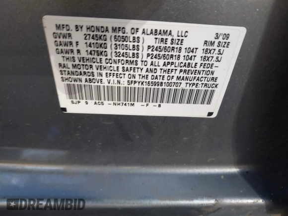2009 Honda Ridgeline RTL with VIN 5FPYK16599B100707, listed as a IAAI auction lot 41877598 with 130,622 mi miles and . Bid and sale history available at DreamBid. Image 9.