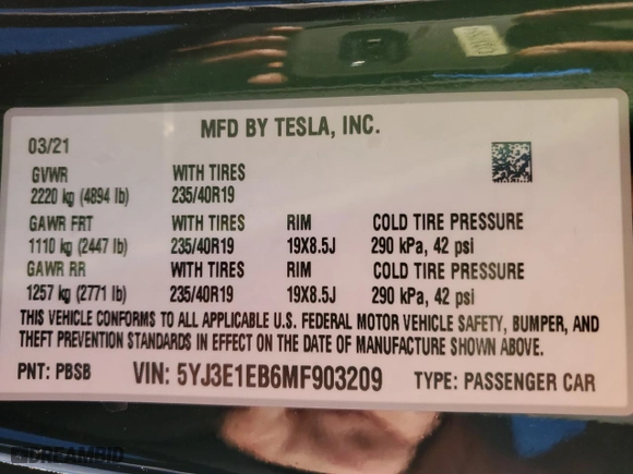 2021 Tesla Model 3 Long Range with VIN 5YJ3E1EB6MF903209, listed as a Copart auction lot 84300714 with 44,920 mi miles and Clean Title. Bid and sale history available at carsss.com. Image 13.