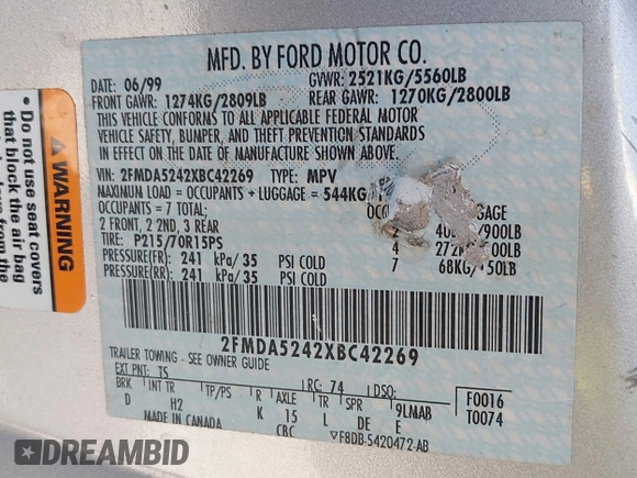 1999 Ford Windstar SE с VIN 2FMDA5242XBC42269, выставлен на аукционе IAAI как лот 42425051 с пробегом 173 861 миль миль и . История ставок и продаж доступна на DreamBid. Изображение 9.