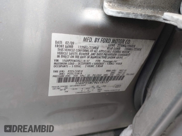 2009 Ford Taurus Limited with VIN 1FAHP25W79G118127, listed as a IAAI auction lot 42256616 with Not provided miles and . Bid and sale history available at DreamBid. Image 9.