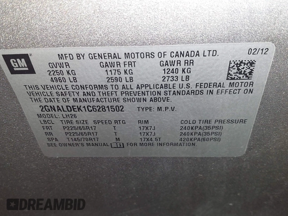 2012 Chevrolet Equinox LT w/1LT with VIN 2GNALDEK1C6281502, listed as a IAAI auction lot 41714214 with 142,552 mi miles. Bid and sale history available at carsss.com. Image 9.