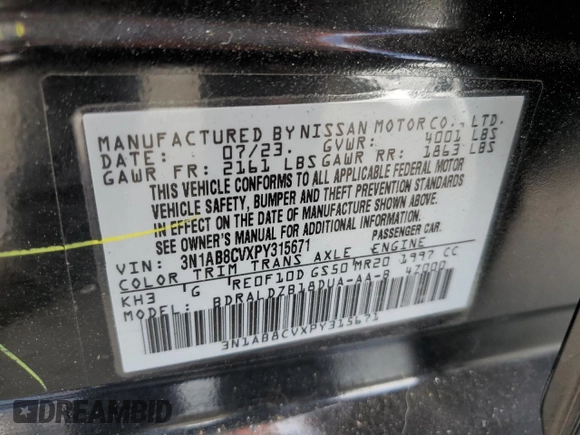 2023 Nissan Sentra SV with VIN 3N1AB8CVXPY315671, listed as a Copart auction lot 71850064 with 24,534 mi miles and Salvage Title. Bid and sale history available at carsss.com. Image 12.