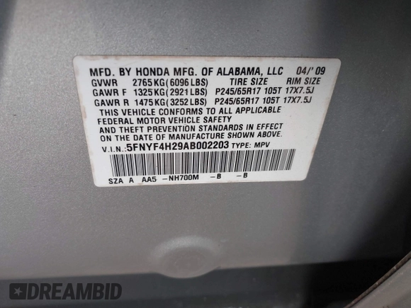 2010 Honda Pilot LX with VIN 5FNYF4H29AB002203, listed as a IAAI auction lot 40858777 with 128,621 mi miles and . Bid and sale history available at DreamBid. Image 9.