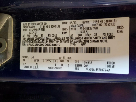 2013 Ford Escape SE with VIN 1FMCU9G93DUD88510, listed as a Copart auction lot 52361855 with 184,549 mi miles and Salvage Title. Bid and sale history available at DreamBid. Image 16.