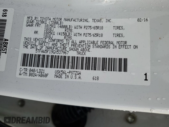 2016 Toyota Tundra 4WD Truck Platinum with VIN 5TFAW5F19GX537967, listed as a Copart auction lot 46597485 with 50,466 mi miles and Salvage Title. Bid and sale history available at carsss.com. Image 13.