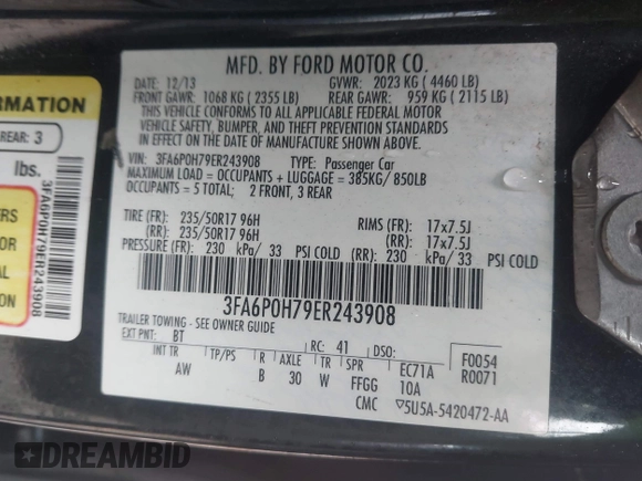 2014 Ford Fusion SE with VIN 3FA6P0H79ER243908, listed as a IAAI auction lot 41749834 with 217,196 mi miles. Bid and sale history available at carsss.com. Image 9.