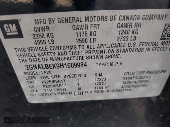 2017 Chevrolet Equinox LS with VIN 2GNALBEK9H1609984, listed as a IAAI auction lot 41804984 with 266,301 mi miles and . Bid and sale history available at carsss.com. Image 9.