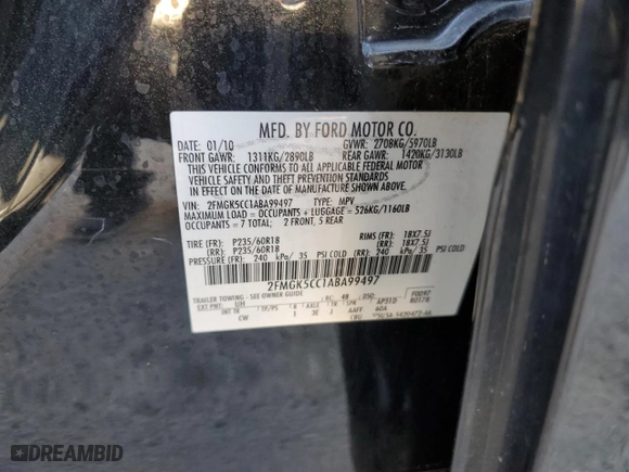 2010 Ford Flex SEL with VIN 2FMGK5CC1ABA99497, listed as a Copart auction lot 49825265 with 152,475 mi miles and Salvage Title. Bid and sale history available at carsss.com. Image 14.
