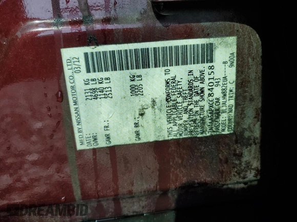 2012 Nissan Maxima SV z VIN 1N4AA5APXCC840158, wystawiony jako Copart lot #44621325 z przebiegiem Nie podano mil oraz Szkoda całkowita • Salvage title. Historia ofert i sprzedaży dostępna na DreamBid. Obrazek 12.