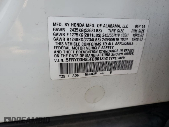 2015 Acura MDX Advance with VIN 5FRYD3H85FB001852, listed as a Copart auction lot 86902384 with 80,195 mi miles and Salvage Title. Bid and sale history available at DreamBid. Image 13.